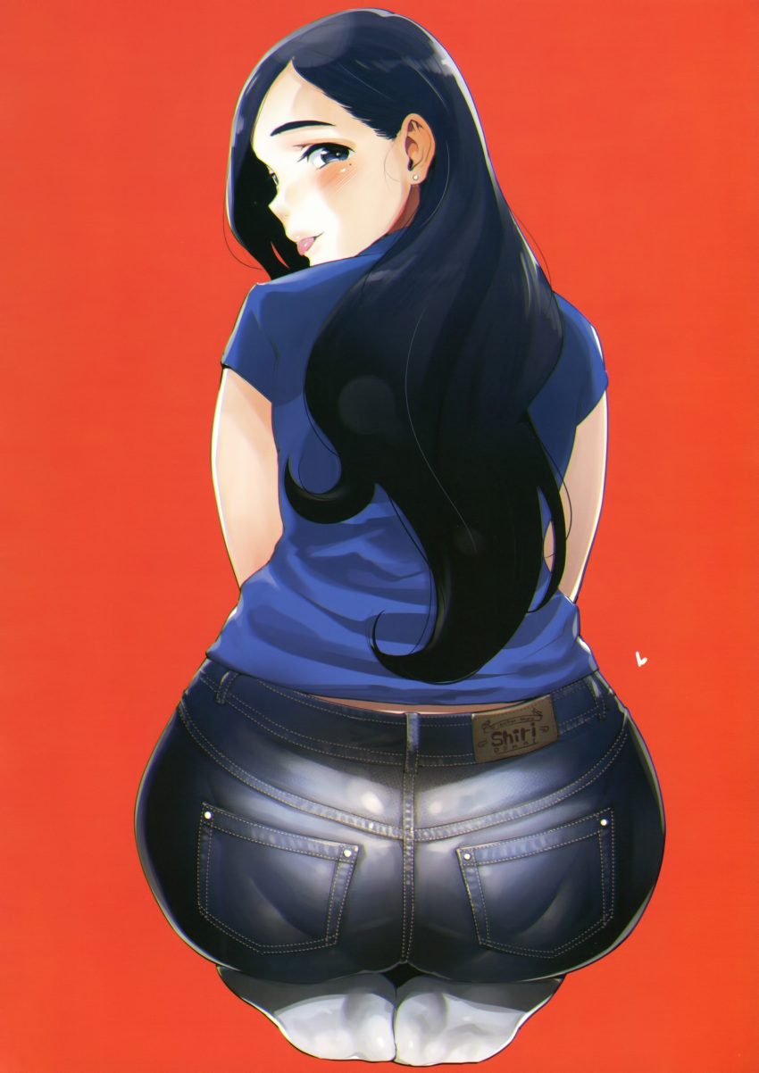 1girl absurdres ass back bangs black_eyes black_hair black_pants blue_shirt blush denim earrings highres iku_(ikuchan_kaoru) jeans jewelry lips lipstick long_hair makeup mole mole_under_eye nose original pants pantylines parted_bangs pocket seiza shirt short_sleeves sitting smile socks solo t-shirt