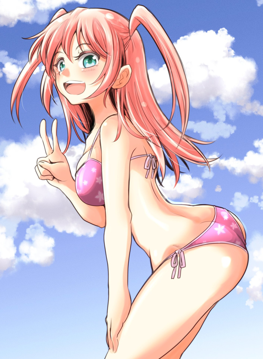 1girl :d ass back bikini blue_sky blush breasts butt_crack clouds cloudy_sky commentary day green_eyes hand_on_own_knee highres long_hair nemoto_hina open_mouth outdoors pink_hair sky smile swimsuit teeth thong_bikini two_side_up v watashi_ga_motenai_no_wa_dou_kangaetemo_omaera_ga_warui! zatou_(kirsakizato)