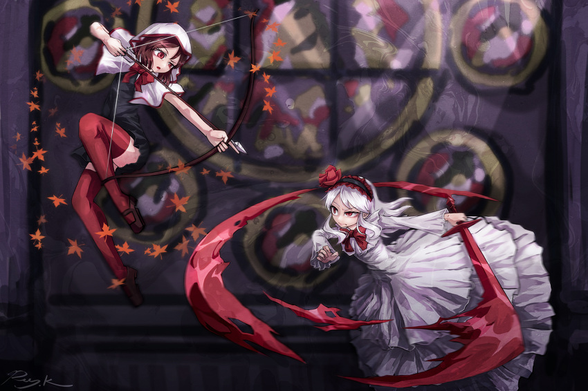 2girls arrow battle black_dress bow bow_(weapon) bowtie brown_hair capelet commentary_request dress duel fennel_(momodora) frilled_hairband frills hairband hood hooded_capelet kaho_(momodora) leaf long_hair looking_at_another maple_leaf momodora:_reverie_under_the_moonlight motion_blur multiple_girls ray-k red_eyes red_legwear short_hair signature sword thigh-highs uneven_eyes weapon white_capelet white_dress white_hair
