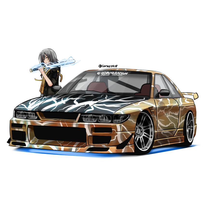 1girl absurdres airfryer1892 black_jacket car dated_commentary electricity english_commentary grey_hair highres holding holding_sword holding_weapon honkai:_star_rail honkai_(series) jacket long_hair looking_at_viewer motor_vehicle nissan nissan_s13_silvia nissan_silvia over_shoulder simple_background smile spoiler_(automobile) stelle_(honkai:_star_rail) sword trailblazer_(honkai:_star_rail) twitter_username vehicle_focus weapon weapon_over_shoulder white_background yellow_eyes