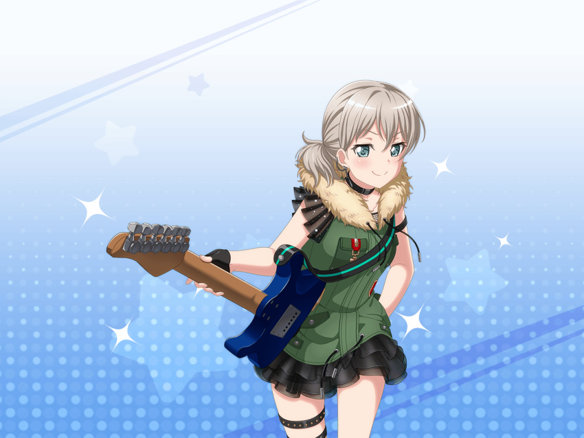 aoba_moca bang_dream! green_eyes grey_hair guitar jacket short_hair