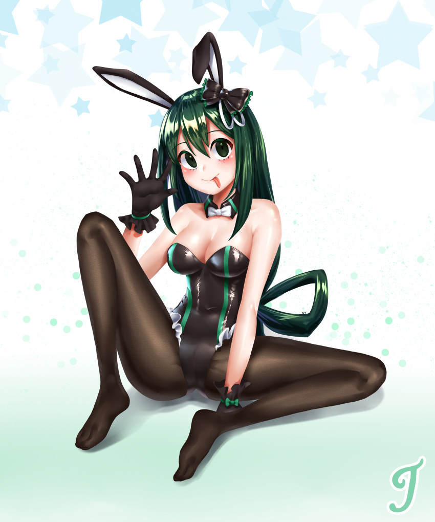 1girl :&gt; absurdres animal_ears asui_tsuyu black_eyes black_legwear boku_no_hero_academia bunny_girl bunnysuit commission frog_girl full_body gloves gom-iuneunsoli hair_rings highres jewelry long_hair long_tongue looking_at_viewer low-tied_long_hair pantyhose rabbit_ears simple_background smile solo tongue tongue_out