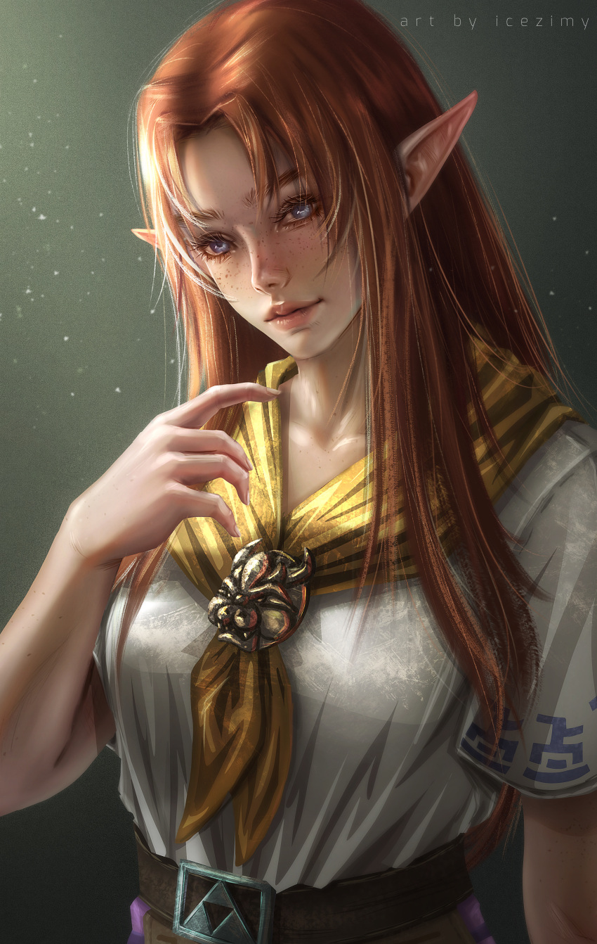 1girl absurdres blue_eyes closed_mouth highres icezimy long_hair malon pointy_ears portrait realistic redhead ribbon simple_background solo the_legend_of_zelda the_legend_of_zelda:_ocarina_of_time yellow_ribbon
