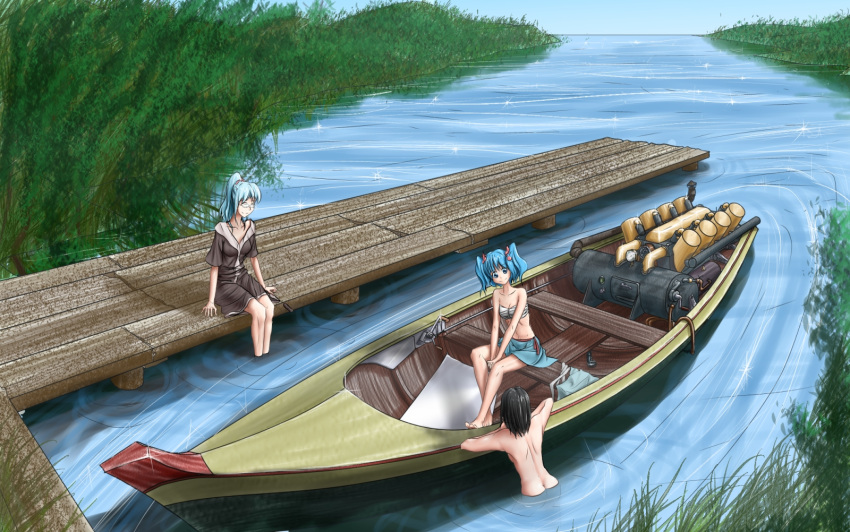 barefoot black_hair blue_eyes blue_hair boat dark_haired_kappa day engine glasses glasses_kappa hater_(hatater) highres kappa_mob kawashiro_nitori nature nude outdoors partially_submerged pier ponytail sitting soaking_feet touhou twintails water watercraft