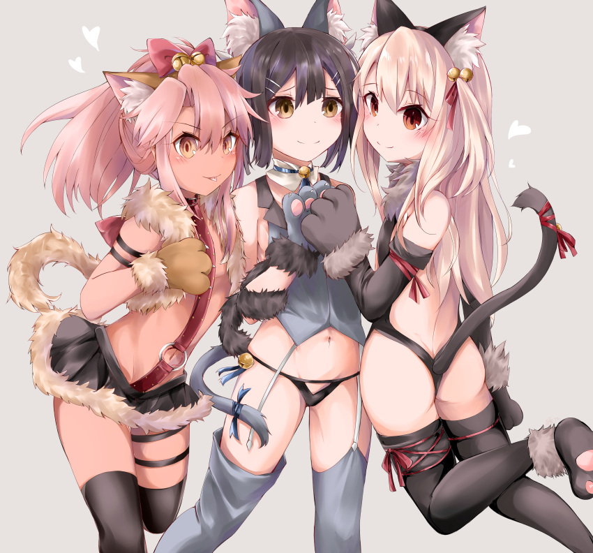 3girls absurdres animal_ears armband ass backless_outfit bangs bare_shoulders bell black_hair black_leotard black_panties black_skirt blush bow breasts brown_eyes cat_ears cat_paws cat_tail chloe_von_einzbern closed_mouth collar dark_skin fate/kaleid_liner_prisma_illya fate_(series) fur_trim garter_straps gloves grey_background grey_legwear hair_between_eyes hair_bow hair_ornament hairclip highres huge_filesize illyasviel_von_einzbern jingle_bell leotard long_hair looking_at_viewer miyu_edelfelt multiple_girls navel orange_eyes panties paw_gloves paw_shoes paws pink_hair ponytail red_bow red_eyes shoes sidelocks simple_background skirt small_breasts smile stomach_tattoo tail tan tattoo thighs tongue tongue_out two_side_up underwear watanai72 white_hair