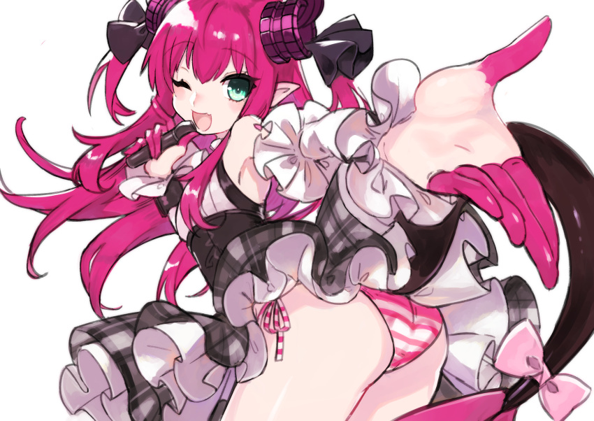 1girl 4410_(kanimiso) ;d aqua_eyes ass bangs black_ribbon curled_horns detached_sleeves dragon_horns dress elizabeth_bathory_(fate) elizabeth_bathory_(fate)_(all) eyebrows_visible_through_hair fate/grand_order fate_(series) grey_skirt highres holding holding_microphone horns long_hair long_sleeves looking_at_viewer microphone one_eye_closed open_mouth panties pink_hair plaid plaid_skirt pleated_skirt pointy_ears ribbon shirt side-tie_panties skirt sleeveless sleeveless_shirt smile striped striped_panties tail underwear white_shirt white_sleeves