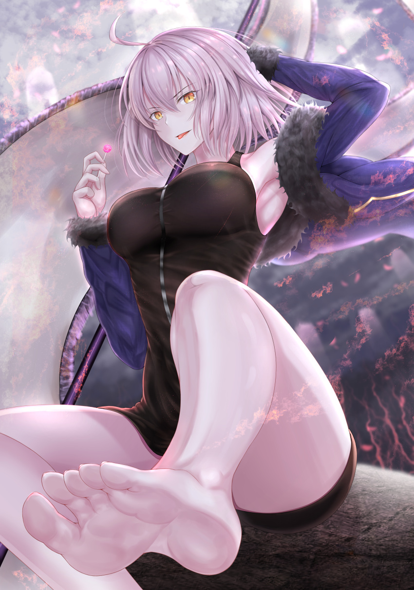 absurdres ahoge arm_behind_head armpits bangs bare_shoulders barefoot black_dress blue_jacket commentary_request dress fate/grand_order fate_(series) feet fur_trim hair_between_eyes highres holding_lollipop jacket jeanne_d'arc_(alter)_(fate) jeanne_d'arc_(fate)_(all) looking_at_viewer off_shoulder pale_skin penguintake rock short_hair silver_hair sitting soles thighs toes tongue tongue_out yellow_eyes