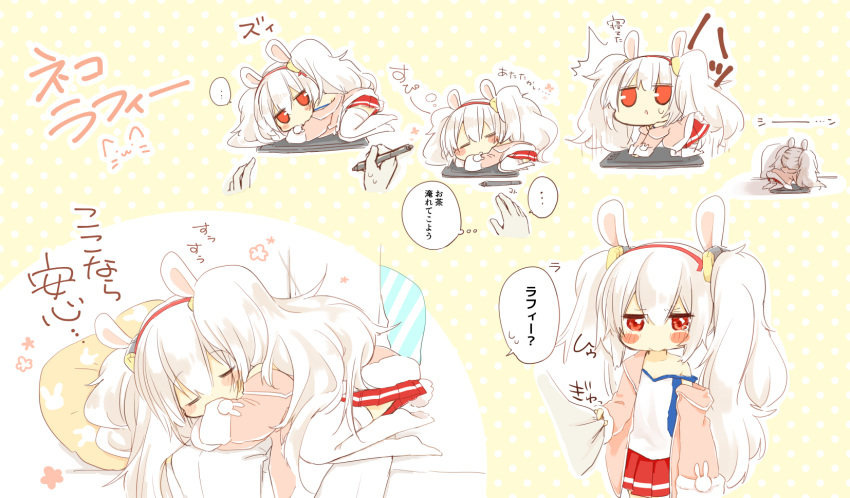 ... 1boy 1girl animal_ears azur_lane bangs chibi closed_eyes ekuramani eyebrows_visible_through_hair hair_between_eyes hairband highres jacket laffey_(azur_lane) long_hair long_sleeves multiple_views off_shoulder open_clothes open_jacket pillow pleated_skirt polka_dot polka_dot_background rabbit_ears red_eyes red_hairband red_skirt skirt sleeping sleeves_past_wrists spoken_ellipsis stylus tablet_pc thigh-highs translated twintails very_long_hair white_hair white_legwear