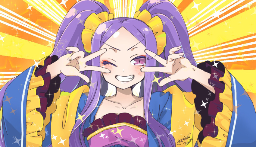 1girl asane_boh bangs blush breasts chinese_clothes collarbone double_v dress emotional_engine_-_full_drive fate/grand_order fate_(series) forehead grin hair_ornament hair_scrunchie hands_up hanfu long_hair long_sleeves looking_at_viewer one_eye_closed parody parted_bangs purple_dress purple_hair scrunchie shawl sidelocks small_breasts smile solo sparkle star v violet_eyes wide_sleeves wu_zetian_(fate/grand_order) yellow_background yellow_scrunchie