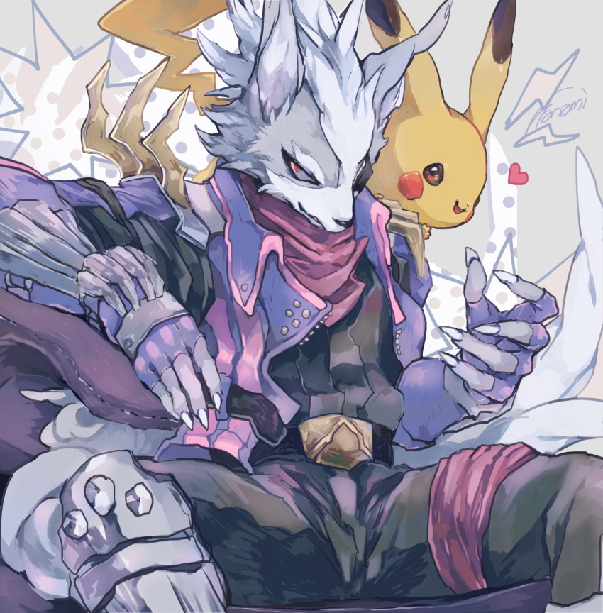 1boy :3 animal_ears artist_name belt black_shirt brown_eyes chair claws closed_mouth fingerless_gloves furry gen_1_pokemon gloves half-closed_eyes hand_up happy heart highres jacket kanami lightning_bolt male_focus no_humans open_mouth pikachu pink_neckwear pokemon pokemon_(creature) purple_gloves purple_jacket red_eyes shirt signature sitting smile spread_legs star_fox super_smash_bros. tail wolf_ears wolf_o'donnell wolf_tail