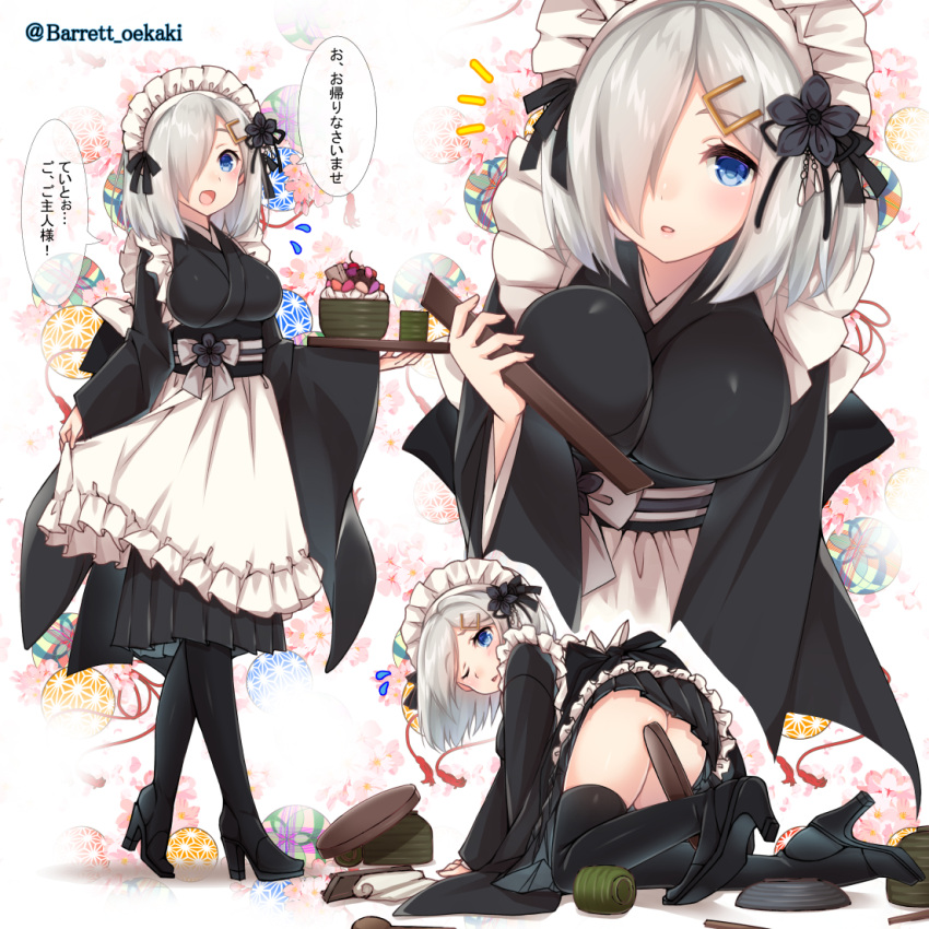 1girl alternate_costume apron baretto_(firearms_1) black_legwear black_skirt blue_hair breasts commentary_request enmaided eyebrows_visible_through_hair hair_ornament hair_over_one_eye hairclip hamakaze_(kantai_collection) high_heels kantai_collection large_breasts looking_at_viewer maid maid_headdress multiple_views one_eye_closed open_mouth parted_lips pleated_skirt short_hair skirt thigh-highs translated wa_maid white_apron white_hair