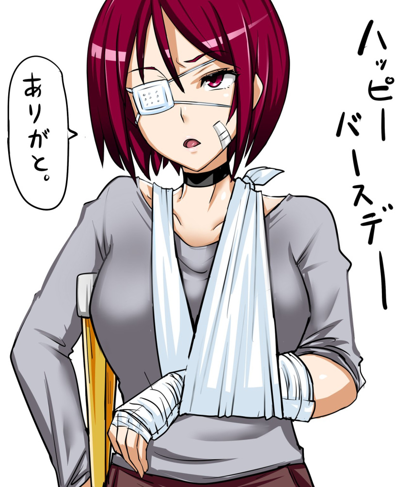 1girl bandaged_arm bandages bandaid breasts cane choker commentary_request eyepatch grey_shirt hair_between_eyes highres large_breasts long_sleeves looking_away medical_eyepatch okyou parted_lips purple_hair red_eyes shirt short_hair simple_background solo speech_bubble the_king_of_fighters translated upper_body whip_(kof) white_background