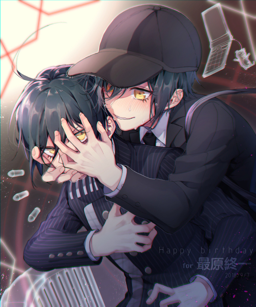 2boys absurdres ahoge baseball_cap black_hair black_headwear black_jacket black_theme blurry blurry_background blush cellphone character_name commentary_request dangan_ronpa dated dual_persona eyelashes from_behind grabbing grin hand_on_another's_face hand_on_own_chest happy_birthday hat highres jacket long_sleeves male_focus monokuma multiple_boys nanin necktie new_dangan_ronpa_v3 pale_skin phone saihara_shuuichi school_uniform shirt short_hair smile striped striped_jacket sweat sweatdrop teeth translated white_shirt yellow_eyes