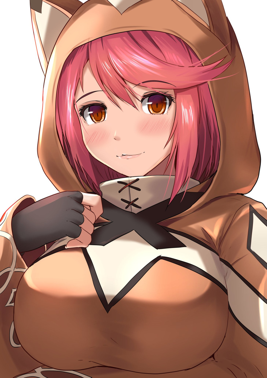 1girl :3 alternate_costume animal_ears animal_hood bangs blush breasts cloak closed_mouth commentary_request eyebrows_visible_through_hair fingerless_gloves gloves hand_on_own_chest highres pyra_(xenoblade) hood hood_up hoodie kanzaki_kureha large_breasts lips looking_at_viewer redhead short_hair simple_background smile solo swept_bangs white_background xenoblade_(series) xenoblade_2
