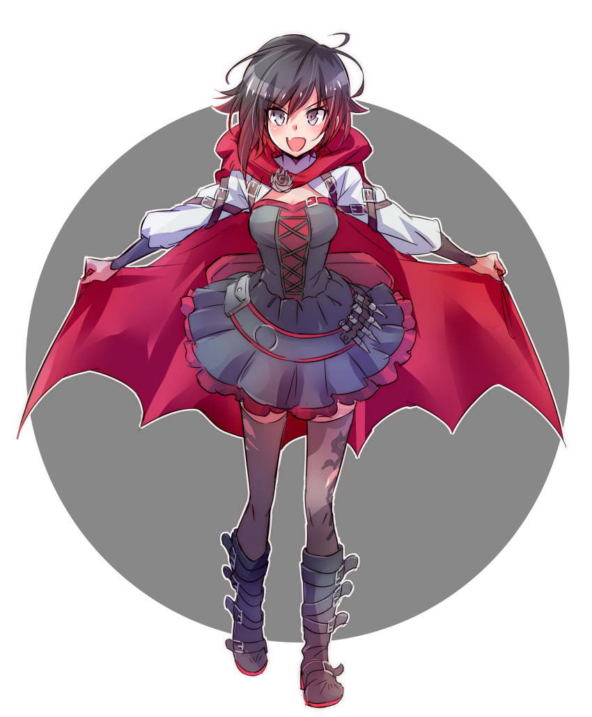 1girl batwoman belt_boots black_footwear black_hair black_legwear boots cape cloak commentary_request cross-laced_footwear dc_comics dress frilled_dress frills gradient_hair grey_eyes highres hood hooded_cloak iesupa knee_boots long_sleeves multicolored_hair red_cape redhead ruby_rose rwby short_hair solo two-tone_hair