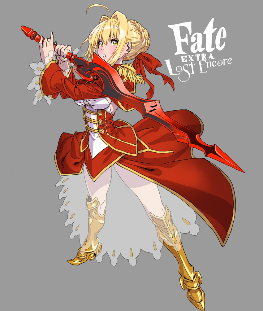 1girl ahoge bangs blonde_hair blush breasts coat commentary copyright_name epaulettes fate/extra fate_(series) full_body green_eyes grey_background hair_intakes highres holding holding_sword holding_weapon logo looking_at_viewer nero_claudius_(fate)_(all) parted_lips red_coat see-through sideboob solo standing sword weapon yamashita_shun'ya