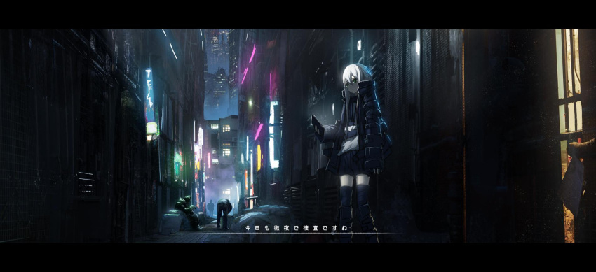 1girl 3others alley asuteroid bad_id bad_twitter_id black_footwear black_jacket black_legwear black_shorts boots building cityscape commentary commentary_request dark expressionless green_eyes highres holding holding_phone iz_(asuteroid) jacket lights long_hair long_sleeves multiple_others neon_lights night open_clothes open_jacket original outdoors phone scenery shirt shorts skyscraper sleeves_past_wrists solo_focus standing thigh-highs translated very_long_hair white_hair white_shirt wide_shot window