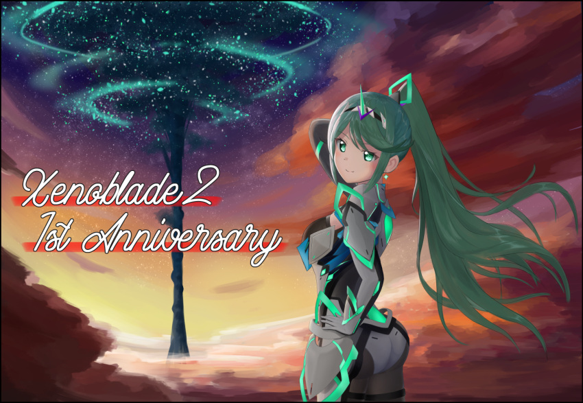 1girl anniversary armor ass bangs breasts commentary_request copyright_name earrings floating_hair gloves green_eyes green_hair headpiece high_ponytail jewelry large_breasts long_hair looking_at_viewer multicolored multicolored_sky neon_trim outdoors pneuma_(xenoblade) pose science_fiction sidelocks sky smile solo spoilers sssemiii standing swept_bangs tiara very_long_hair wide_shot xenoblade_(series) xenoblade_2