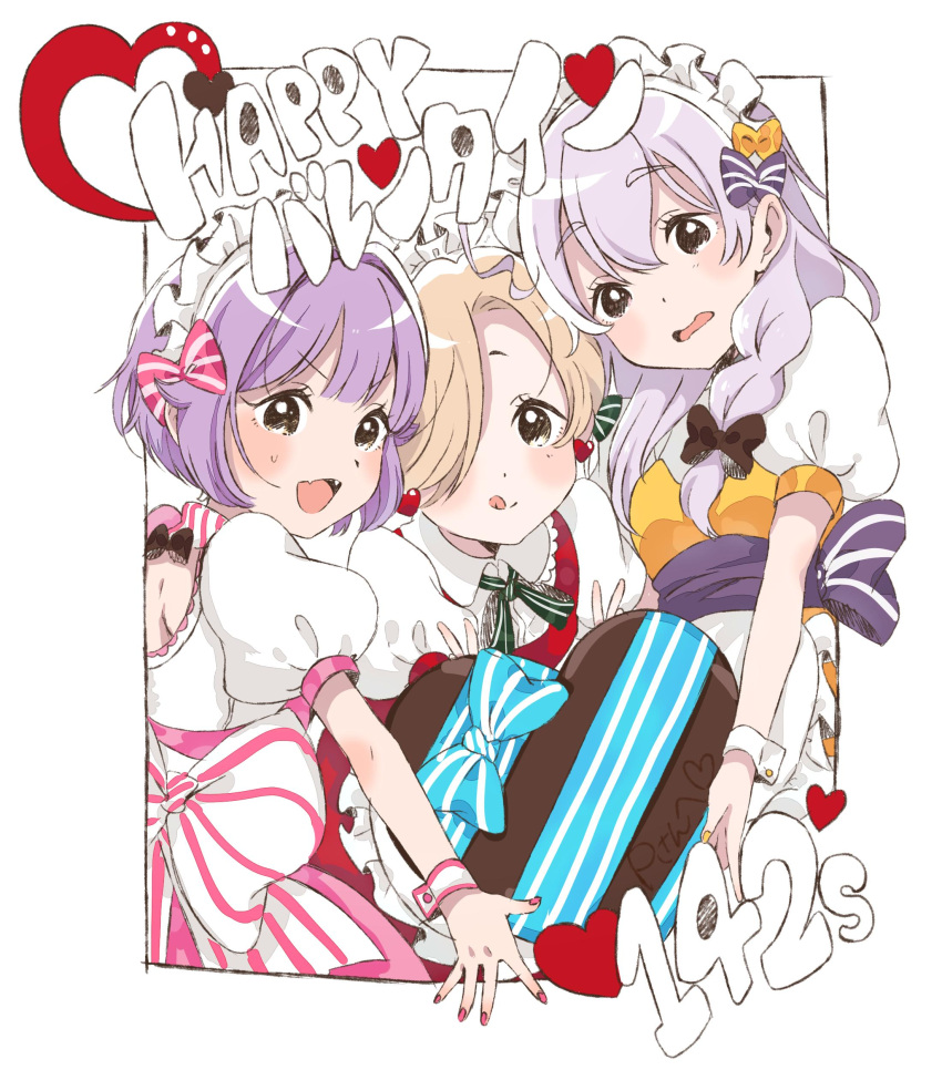 3girls :q absurdres ahoge apron asymmetrical_hair bangs black_eyes blonde_hair blush border bow bowtie braid chocolate chocolate_heart commentary dot_nose double_w dress earrings fang frilled_apron frills fumita_(humita322) girl_sandwich grey_hair group_name hair_between_eyes hair_bow hair_over_one_eye happy_valentine headdress heart heart_earrings highres holding_chocolate hoshi_shouko idolmaster idolmaster_cinderella_girls jewelry kawaii_boku_to_142's koshimizu_sachiko long_hair looking_at_viewer multiple_girls nail_polish open_mouth outstretched_arm pink_dress pink_nails puffy_sleeves purple_hair red_dress sandwiched sash shirasaka_koume short_eyebrows short_hair single_braid sweatdrop thick_eyebrows tongue tongue_out translated upper_body w wavy_mouth white_background wing_collar wrist_cuffs yellow_dress yellow_nails