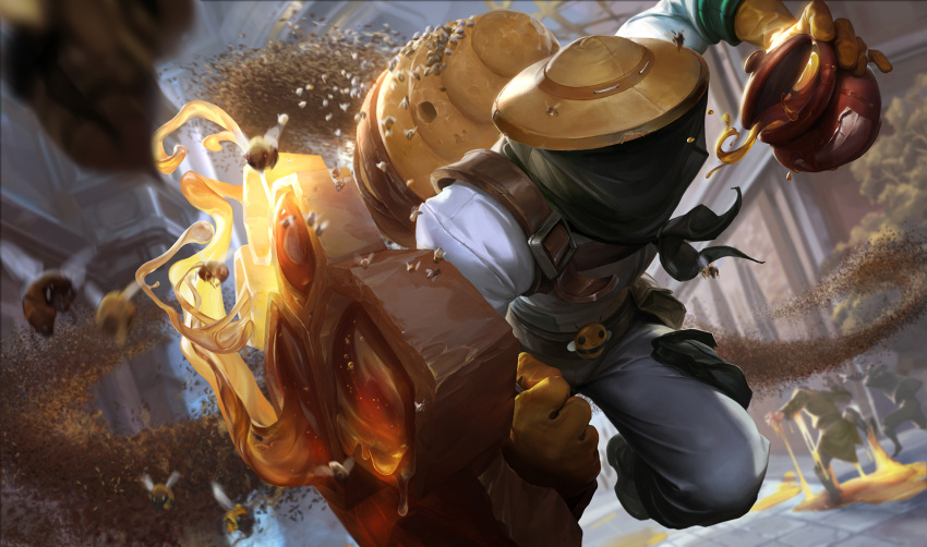 3boys alternate_costume bee beehive beekeeper_singed belt belt_buckle belt_pouch brown_gloves buckle bug commentary covered_face crowgod gloves highres hive honey honeycomb_(pattern) honeypot insect league_of_legends long_sleeves male_focus multiple_boys outdoors pot pouch running singed yellow_gloves
