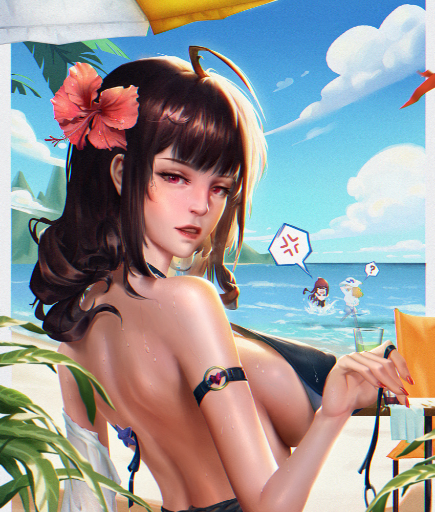 3girls ? ahoge anger_vein armlet back bangs bare_shoulders beach beach_umbrella bikini black_swimsuit blue_sky blunt_bangs blush breasts brown_hair clouds commentary_request covered_nipples day dsr-50_(girls_frontline) flower from_behind girls_frontline hair_flower hair_ornament halter_top halterneck highres jewelry large_breasts long_hair looking_at_viewer looking_back m1903_springfield_(girls_frontline) multiple_girls nail_polish ocean open_mouth outdoors red_eyes red_lips red_nails shoulder_blades sidelocks sky smile splashing spoken_anger_vein spoken_question_mark swimsuit ta03545 umbrella untied untied_bikini very_long_hair wa2000_(girls_frontline) wet