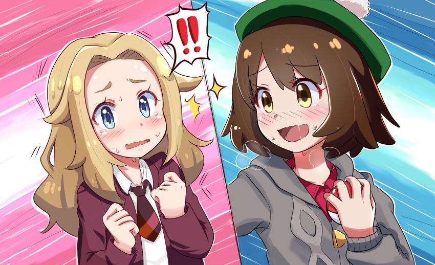 ! !! 2girls bangs blazer blonde_hair blue_eyes blush breath brown_hair cardigan clenched_hand collared_shirt dress_shirt eyebrows_visible_through_hair fang female_protagonist_(pokemon_swsh) green_headwear grey_cardigan hat heavy_breathing highres jacket long_hair long_sleeves looking_at_another multiple_girls naughty_face necktie nose_blush open_mouth pae_(ac40935_m41) pink_shirt poke_ball pokemon pokemon_(game) pokemon_swsh purple_jacket scared shirt short_hair smile sparkle speed_lines split_screen spoken_exclamation_mark sweat tam_o'_shanter unnamed_girl_(pokemon_swsh) wavy_mouth white_shirt yellow_eyes yuri