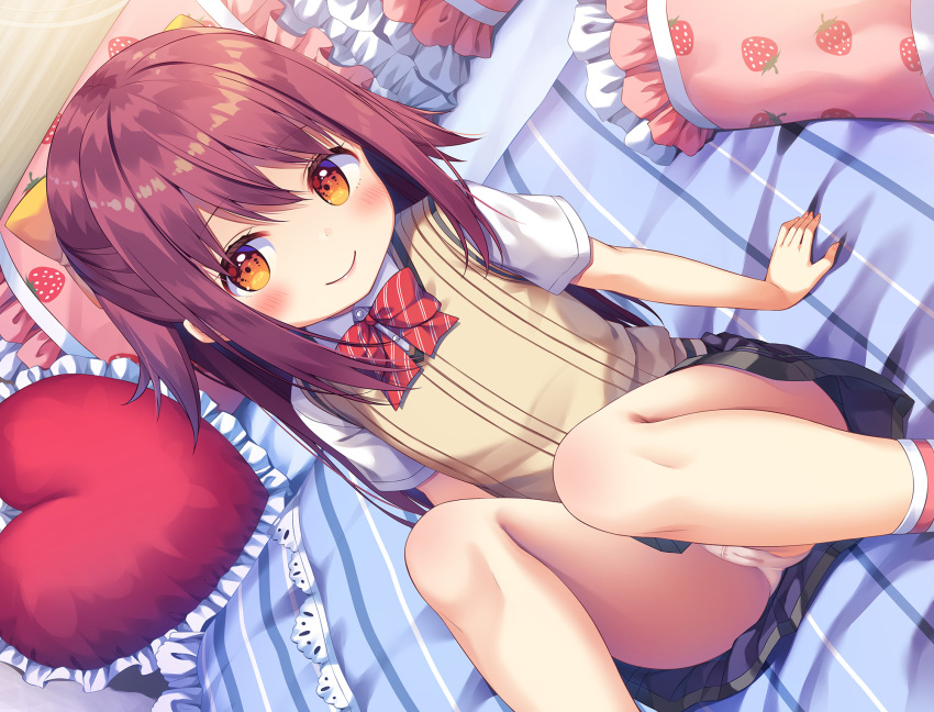 1girl black_skirt blush bow brown_eyes brown_hair food_print hair_bow heart heart_pillow highres knees_up long_hair looking_at_viewer official_art on_bed panties pillow school_uniform short_sleeves sitting skirt smile solo strawberry_print underwear yellow_bow
