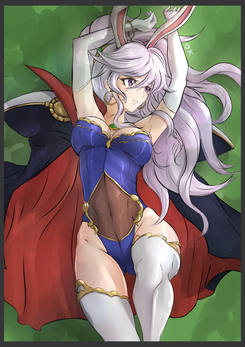 1girl animal_ears arms_up bracelet cape commentary_request covered_navel deekei earrings elbow_gloves fake_animal_ears fire_emblem fire_emblem:_seisen_no_keifu fire_emblem_heroes gloves highres ishtar_(fire_emblem) jewelry long_hair looking_to_the_side parted_lips purple_hair rabbit_ears solo thigh-highs violet_eyes white_gloves white_legwear
