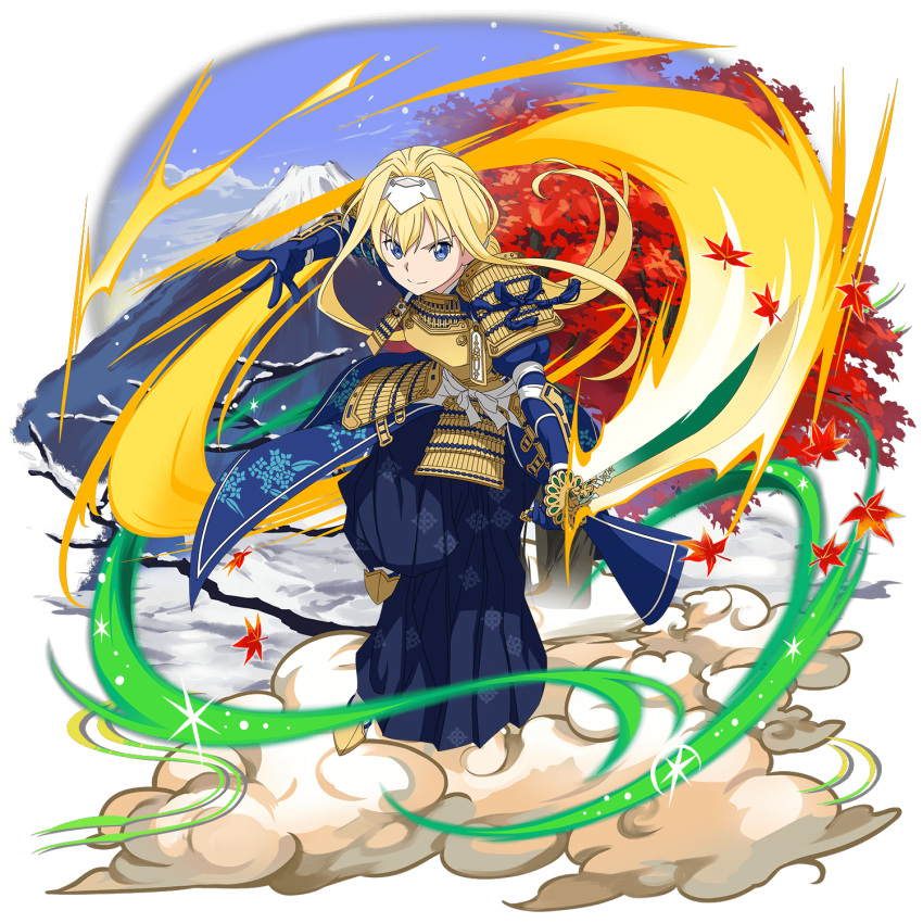 1girl alice_schuberg armor autumn_leaves blonde_hair blue_eyes blue_gloves blue_hakama blue_ribbon breastplate faulds floating_hair floral_print full_body gloves hair_intakes hairband hakama highres holding holding_sword holding_weapon japanese_armor japanese_clothes katana leaf long_hair maple_leaf official_art print_hakama ribbon shoulder_armor smile solo spaulders sword sword_art_online transparent_background weapon white_hairband