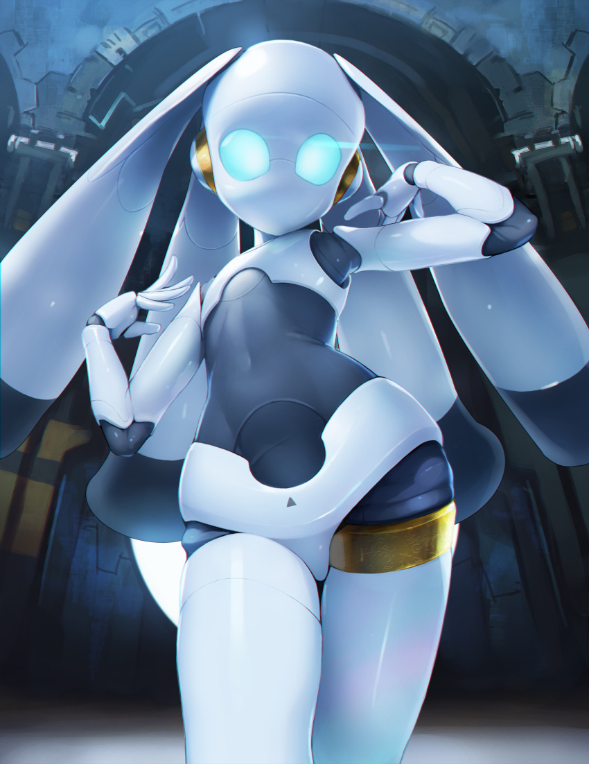 1girl ataruman blue_eyes commentary covered_navel drossel_von_flugel fireball_(series) from_below glowing glowing_eyes highres looking_at_viewer no_humans no_mouth robot robot_joints solid_eyes solo