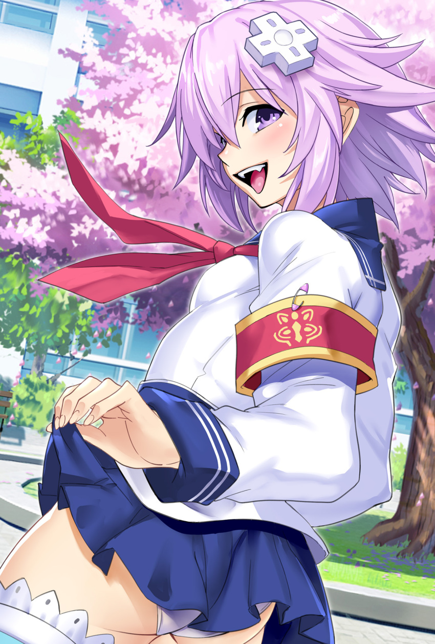 1girl armband ass blush building cherry_blossoms d-pad d-pad_hair_ornament day from_side hair_ornament highres long_sleeves looking_at_viewer miniskirt neckerchief neptune_(neptune_series) neptune_(series) nyamota open_mouth outdoors panties pleated_skirt purple_hair safety_pin school_uniform serafuku short_hair skirt skirt_lift smile solo thigh-highs tree underwear uniform violet_eyes white_panties