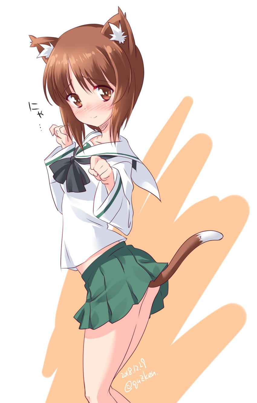 1girl animal_ears bangs black_neckwear blouse blush brown_eyes brown_hair cat_ears cat_tail clenched_hands closed_mouth commentary_request dated eyebrows_visible_through_hair from_side girls_und_panzer green_skirt highres kemonomimi_mode kuzuryuu_kennosuke leaning_forward legs long_sleeves looking_at_viewer miniskirt neckerchief nishizumi_miho ooarai_school_uniform partial_commentary paw_pose pleated_skirt school_uniform serafuku short_hair skirt smile solo standing tail thigh-highs translated twitter_username white_background white_blouse