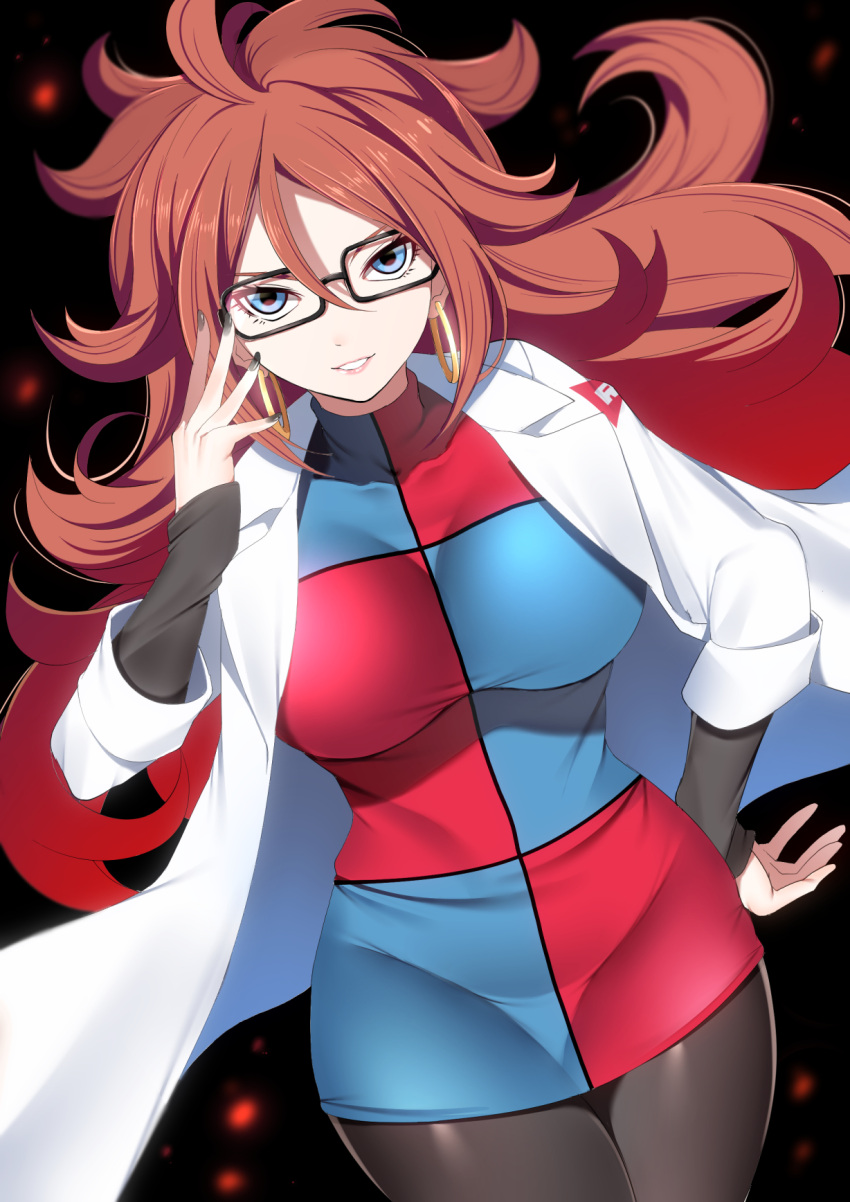 1girl android_21 black-framed_eyewear black_background black_legwear black_nails black_shirt blue_eyes brown_hair checkered checkered_dress coat cowboy_shot curly_hair dragon_ball dragon_ball_fighterz dress earrings embers glasses hair_between_eyes hand_on_hip highres hoop_earrings jewelry kippuru labcoat long_hair long_sleeves looking_at_viewer nail_polish open_clothes open_coat parted_lips pink_lips shirt short_dress sleeveless sleeveless_dress sleeves_past_wrists smile solo very_long_hair white_coat