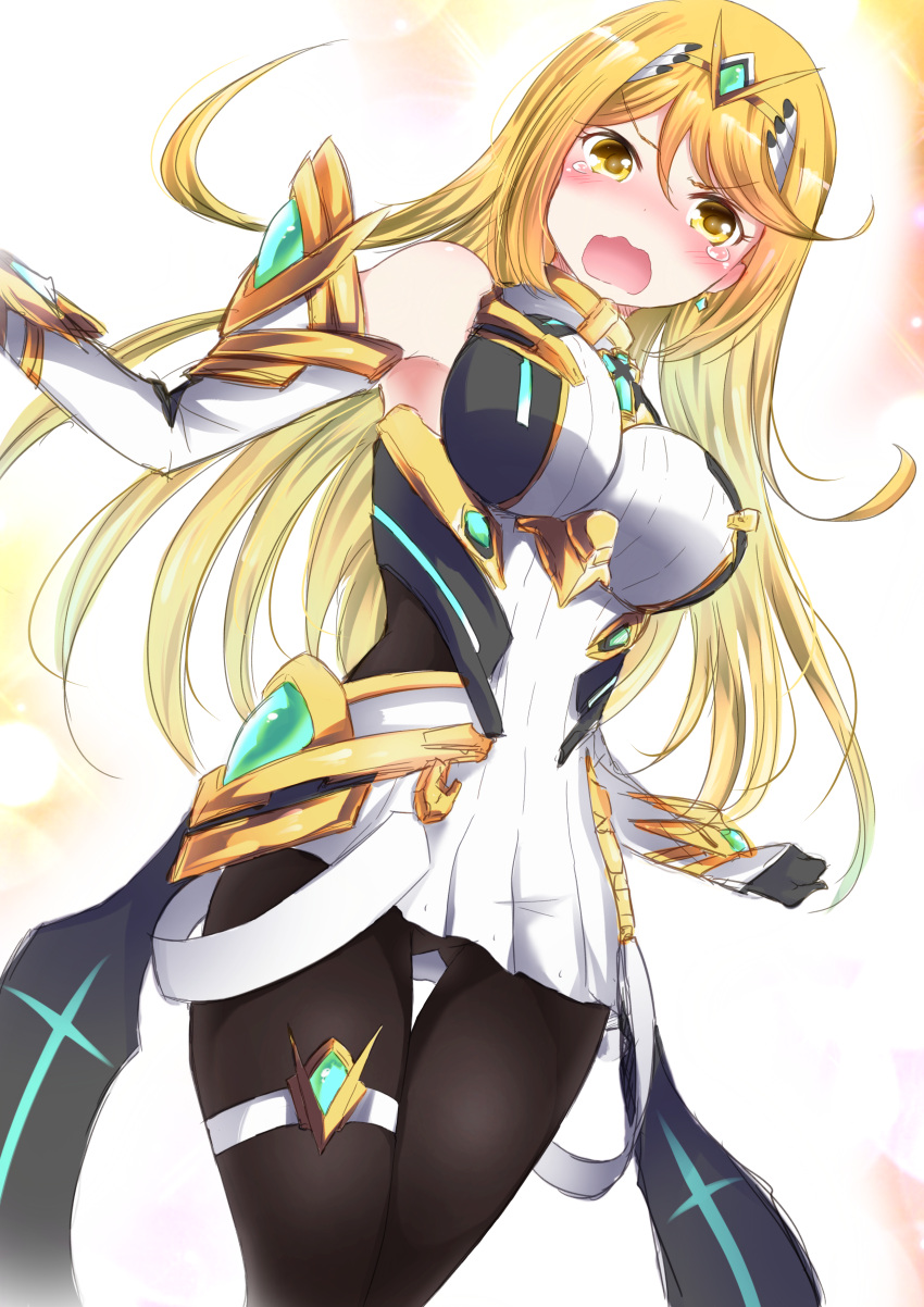 1girl absurdres bangs bare_shoulders black_legwear blonde_hair blush breasts commentary dress earrings elbow_gloves eyebrows_visible_through_hair gem gloves hair_between_eyes hair_ornament headpiece highres mythra_(xenoblade) jewelry large_breasts long_hair looking_at_viewer panties panties_under_pantyhose pantyhose pantyshot pantyshot_(standing) short_dress solo spirit_(super_smash_bros.) standing super_smash_bros. swept_bangs tears thigh_gap thigh_strap tiara underwear v-shaped_eyebrows very_long_hair white_dress white_panties xenoblade_(series) xenoblade_2 yellow_eyes zero-theme