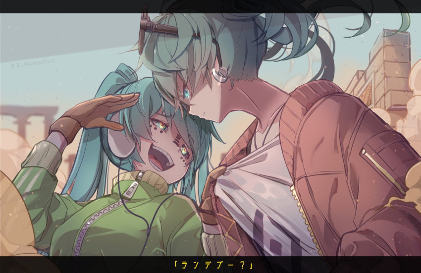 2girls aqua_eyes aqua_hair arch collarbone commentary creator_connection criss-cross_halter desert dual_persona earrings expressionless eyewear_on_head gloves glowing glowing_eyes green_jacket halterneck hands_up hatsune_miku headphones jacket jewelry leaning_back leaning_forward letterboxed long_hair matryoshka_(vocaloid) multiple_girls outdoors red_jacket sand shirt shirt_grab short_hair smile songover suna_no_wakusei_(vocaloid) sunglasses t-shirt translated twintails upper_body vocaloid wanaxtuco zipper