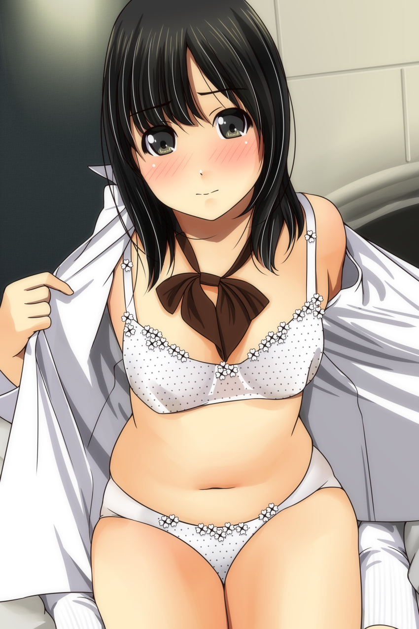 1girl absurdres bare_shoulders black_hair blush bow bra breasts brown_bow brown_eyes closed_mouth collarbone collared_shirt highres long_hair looking_at_viewer matsunaga_kouyou navel nose_blush open_clothes open_shirt original panties polka_dot polka_dot_bra polka_dot_panties ribbed_legwear shirt sitting small_breasts socks solo underwear wariza white_bra white_legwear white_panties white_shirt