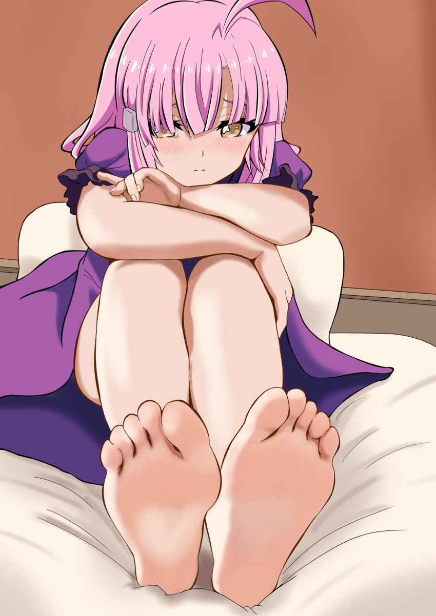 1girl bare_legs barefoot bed bed_sheet commentary_request dress feet feet_together gakkou_gurashi! hair_ornament hair_ribbon hairclip highres long_hair low_ponytail nush_advance on_bed pillow pink_hair pov_feet ribbon sakura_megumi short_hair soles toes