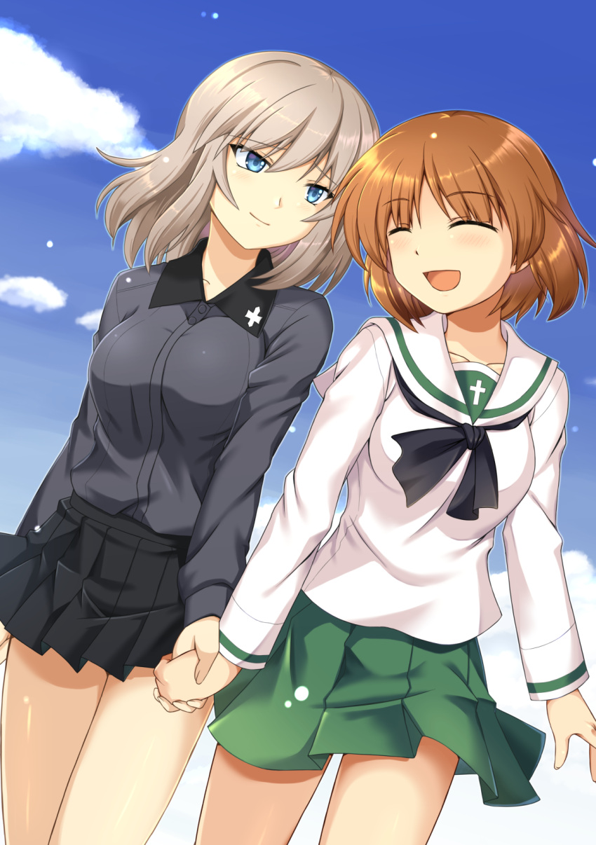 2girls :d bangs beni_(bluebluesky) black_neckwear black_skirt blouse blue_eyes blue_sky brown_hair closed_eyes closed_mouth clouds cloudy_sky commentary_request day dress_shirt dutch_angle emblem facing_another girls_und_panzer green_skirt grey_shirt highres holding_hands itsumi_erika kuromorimine_school_uniform light_blush light_particles light_smile long_hair long_sleeves looking_at_another miniskirt multiple_girls neckerchief nishizumi_miho ooarai_school_uniform open_mouth outdoors partial_commentary pleated_skirt school_uniform serafuku shirt short_hair silver_hair skirt sky smile standing white_blouse yuri