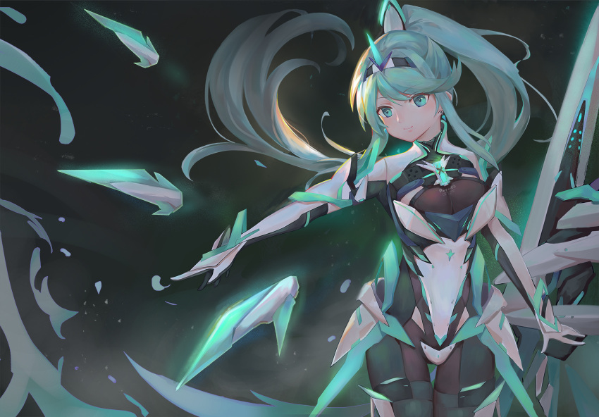 1girl armor bangs black_background breasts character_name gloves greek_text green_eyes green_hair headpiece highres kiiro_kimi large_breasts long_hair looking_at_viewer neon_trim pneuma_(xenoblade) ponytail science_fiction simple_background solo spoilers standing swept_bangs tiara very_long_hair xenoblade_(series) xenoblade_2