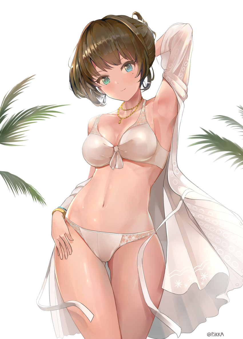 1girl absurdres armpits bare_shoulders blue_eyes bra brown_hair collarbone commentary_request cowboy_shot fern green_eyes heterochromia highres idolmaster idolmaster_cinderella_girls jewelry lace lace-trimmed_bra lace-trimmed_panties looking_at_viewer mole mole_under_eye navel necklace nightgown off_shoulder panties pjkka shiny shiny_skin short_hair smile solo takagaki_kaede twitter_username underwear white_background
