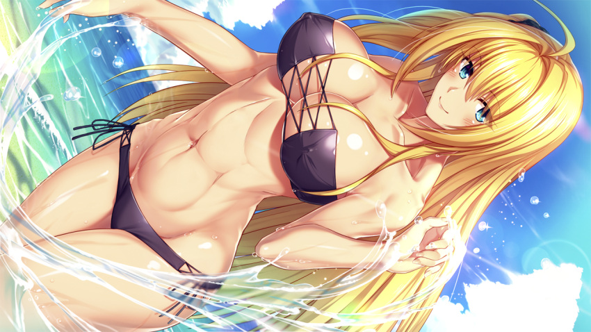 1girl ahoge bangs bare_arms bare_shoulders beach bikini black_scrunchie blonde_hair blue_eyes blue_sky blush breasts closed_mouth clouds collarbone covered_nipples cowboy_shot day dutch_angle eyebrows_visible_through_hair eyepatch_bikini game_cg groin hair_between_eyes hair_ornament hair_scrunchie hand_up korekara_anata_o_ubau_kara_yuuwaku_soudatsu_sisters large_breasts long_hair looking_at_viewer navel ocean official_art one_side_up outdoors parted_bangs patricia_brown purple_bikini scrunchie shiny shiny_skin side-tie_bikini sidelocks sky smile solo splashing stomach swimsuit tai_(nazutai) toned very_long_hair wading wet