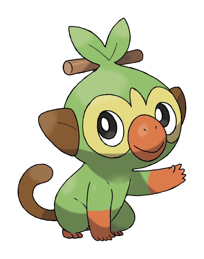 arm_up artist_request black_eyes closed_mouth full_body gen_8_pokemon grookey happy highres looking_up no_humans official_art outline outstretched_arm pokemon pokemon_(creature) smile solo transparent_background white_outline
