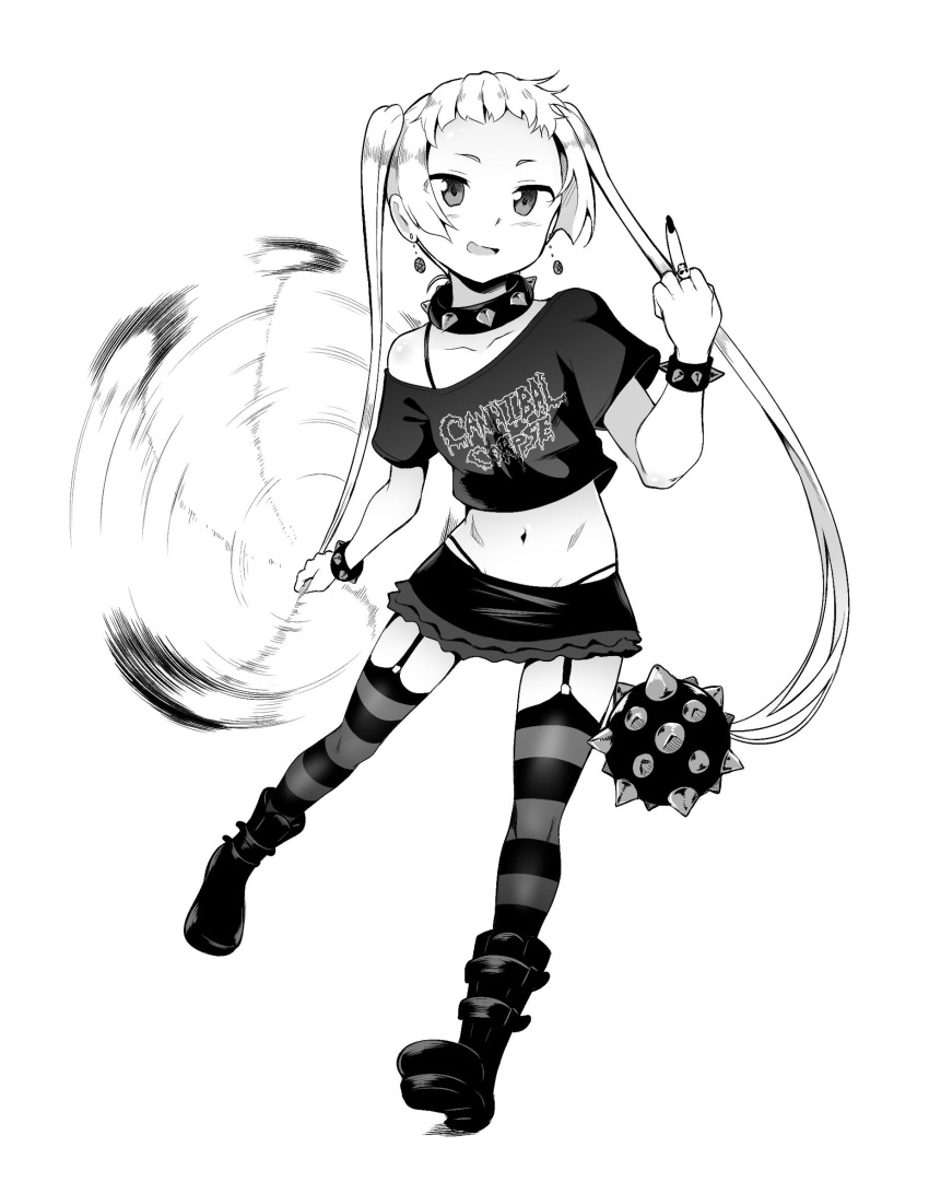 1girl boots bra_strap bracelet cannibal_corpse chuunibyou_demo_koi_ga_shitai! collar dekomori_sanae dress flat_chest frilled_dress frills garter_straps ghettoyouth greyscale highleg highleg_panties highres jewelry long_hair middle_finger miniskirt monochrome navel off-shoulder_shirt off_shoulder panties panty_straps pentagram ring shirt sketch skirt skull_ring spiked_ball spiked_bracelet spiked_collar spikes striped striped_legwear t-shirt thigh-highs twintails underwear zettai_ryouiki