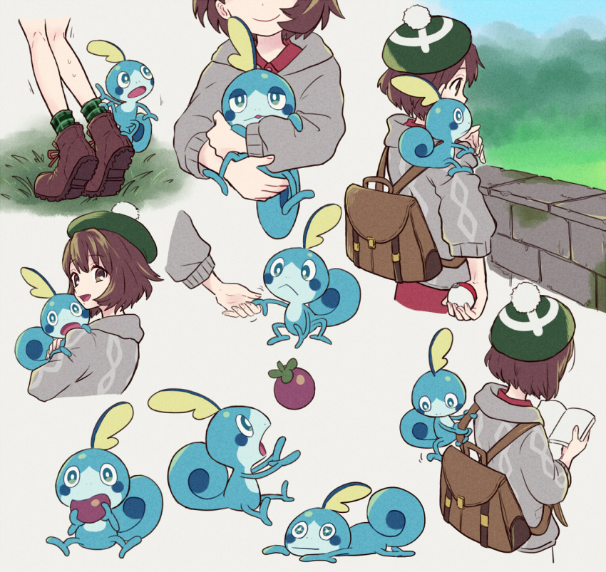 1girl animal animal_on_shoulder backpack bag bangs blue_eyes book boots brown_eyes brown_footwear brown_hair cardigan eyebrows_visible_through_hair female_protagonist_(pokemon_swsh) gen_8_pokemon green_headwear grey_cardigan hat holding holding_pokemon hug long_sleeves multiple_views open_book open_mouth poke_ball pokemon pokemon_(creature) pokemon_(game) pokemon_on_shoulder pokemon_swsh shiwo_(siwosi) short_hair smile sobble tam_o'_shanter tearing_up wall