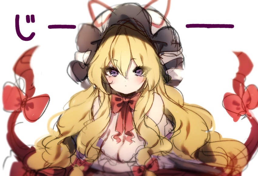 1girl bangs blonde_hair blush bow bowtie breasts commentary_request eyebrows_visible_through_hair gap hair_between_eyes hair_bow hat hat_ribbon long_hair looking_at_viewer medium_breasts mob_cap nude piyokichi red_bow red_neckwear red_ribbon ribbon sidelocks simple_background sketch solo touhou translation_request upper_body very_long_hair violet_eyes white_background white_headwear yakumo_yukari