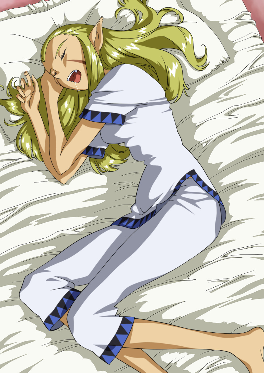 1girl 90s blonde_hair breasts closed_eyes drooling fang foot_out_of_frame highres jessica_de_alkirk langerhans_2016 long_hair lunar lunar:_the_silver_star lying markings official_style on_bed on_side open_mouth pillow pointy_ears solo tongue tongue_out