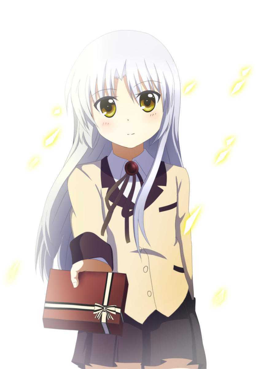 1girl absurdres angel_beats! bangs blazer blush box closed_mouth eyebrows_visible_through_hair gift gift_box highres holding holding_gift jacket key_(company) long_hair long_sleeves looking_at_viewer no_wings ribbon school_uniform silver_hair skirt smile solo standing tachibana_kanade valentine very_long_hair yasume_yukito yellow_eyes