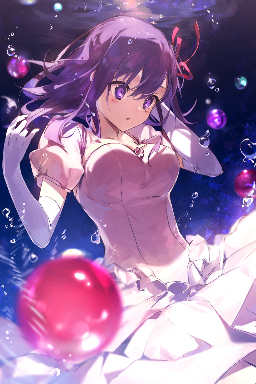 1girl absurdres blush breasts commentary dress elbow_gloves fate/stay_night fate_(series) gloves hands_up highres large_breasts matou_sakura medium_hair open_mouth puffy_short_sleeves puffy_sleeves purple_hair shigure_(shigure_43) short_sleeves solo underwater violet_eyes white_dress white_gloves