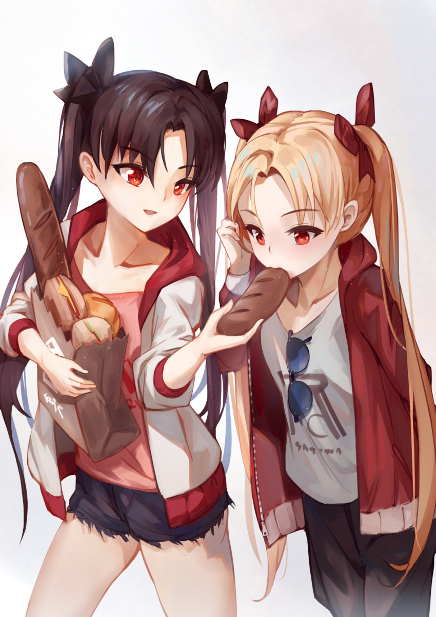 2girls alternate_costume bag bangs black_hair black_pants black_ribbon blonde_hair bread casual collarbone contemporary cutoffs eating ereshkigal_(fate/grand_order) eyewear_hang faicha fate/grand_order fate_(series) feeding food grey_shirt hair_ribbon highres ishtar_(fate/grand_order) jacket long_hair looking_at_another multiple_girls open_clothes open_jacket pants paper_bag parted_bangs pink_shirt red_eyes red_jacket red_ribbon ribbon shirt shorts siblings sisters sunglasses twintails white_jacket