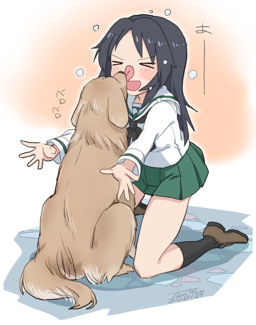 &gt;_&lt; 1girl :d alternate_hair_color artist_name bangs black_hair black_legwear black_neckwear blouse brown_footwear commentary dog droplet face_licking facing_another fanta_(the_banana_pistols) freckles full_body girls_und_panzer green_skirt highres kneeling licking loafers long_hair long_sleeves miniskirt neckerchief ooarai_school_uniform open_mouth outstretched_arms pleated_skirt school_uniform serafuku shadow shoes signature skirt smile socks solo stone translated white_blouse yamagou_ayumi